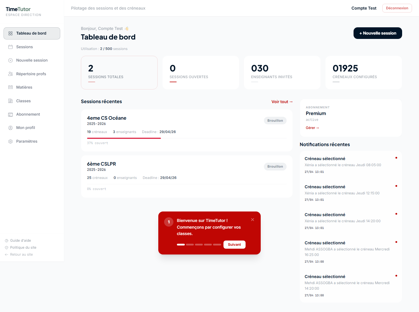 Tableau de bord TimeTutor